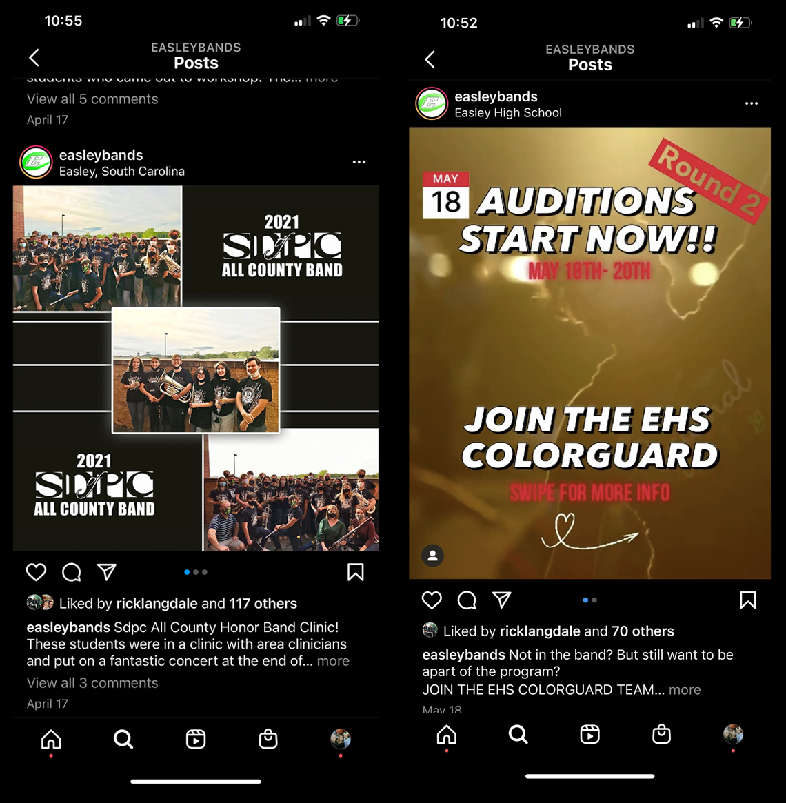 Easley Bands Instagram post promoting students in the All County Band (left), Instagram post promoting color guard auditions (right)