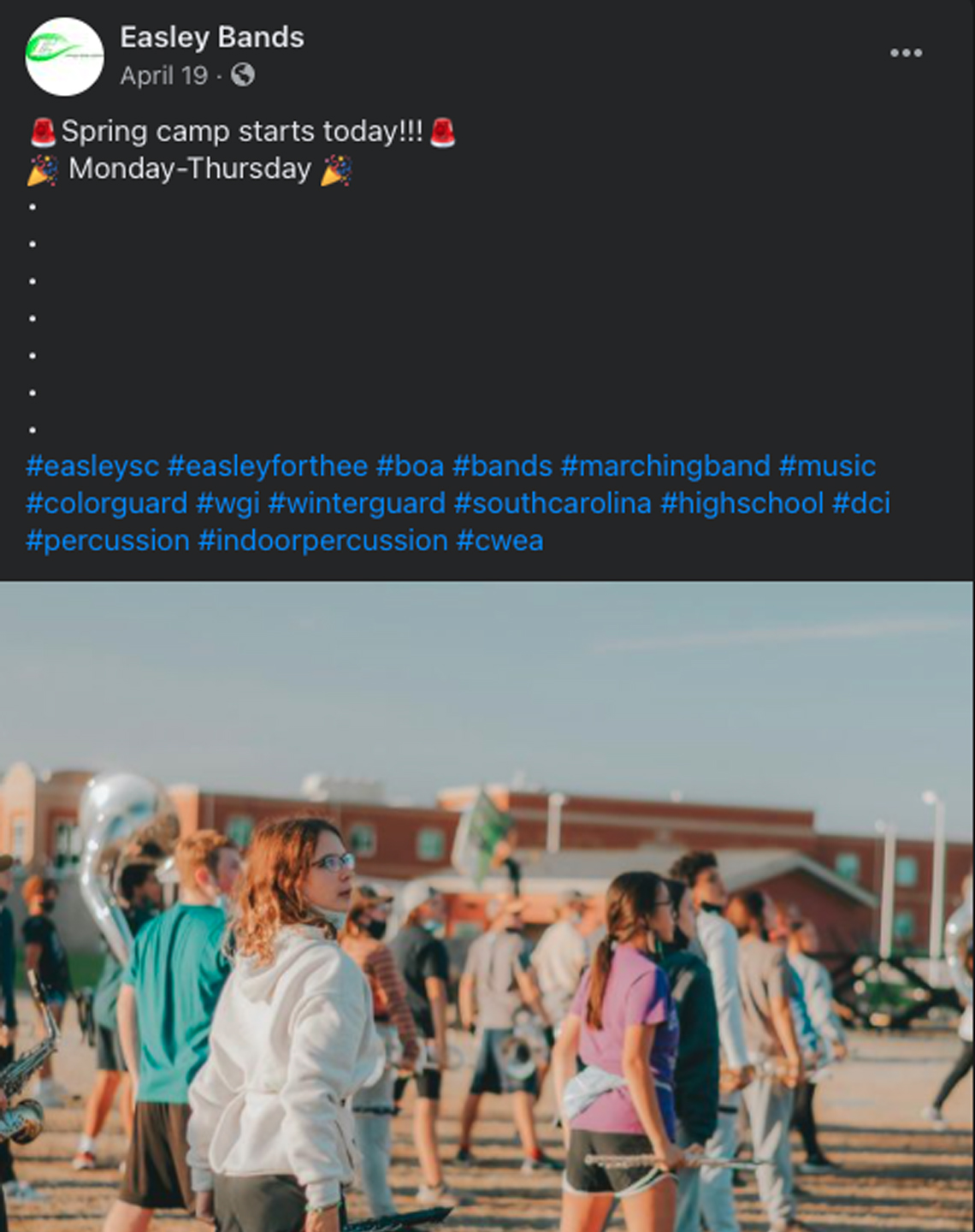 Facebook post promoting Spring Camp utilizing many hashtags